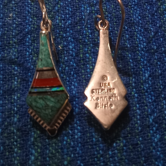 Silver inlay southwestern dangle Earrings! KENNETH BITSIE!!!!! - Picture 3 of 3